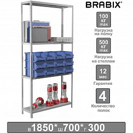 Стеллаж металлический BRABIX "MS-185/30/70-4", 1850х700х300 мм, 4 полки, 291102, S241BR353402 - Фото предпросмотра