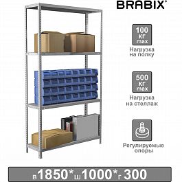 Стеллаж металлический BRABIX "MS Plus-185/30-4", 1850х1000х300 мм, 4 полки, регулируемые опоры, 291104, S241BR153402 - Фото предпросмотра