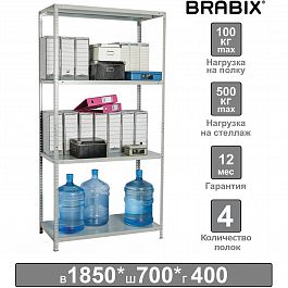 Стеллаж металлический BRABIX "MS-185/40/70-4", 1850х700х400 мм, 4 полки, 291103, S241BR354402 - Фото предпросмотра