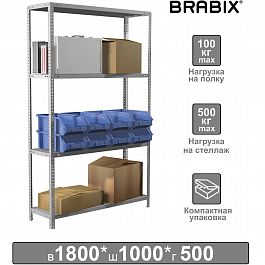 Стеллаж металлический BRABIX "MS KD-180/50-4", 1800х1000х500 мм, 4 полки, сборная стойка, 291116, S240BR145402 - Фото предпросмотра